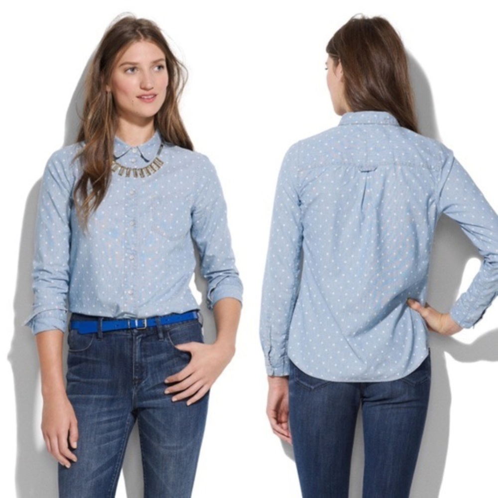 Madewell polka dot chambray top light blue